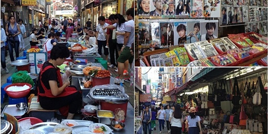 Busan cityscape with traditional market and street food
